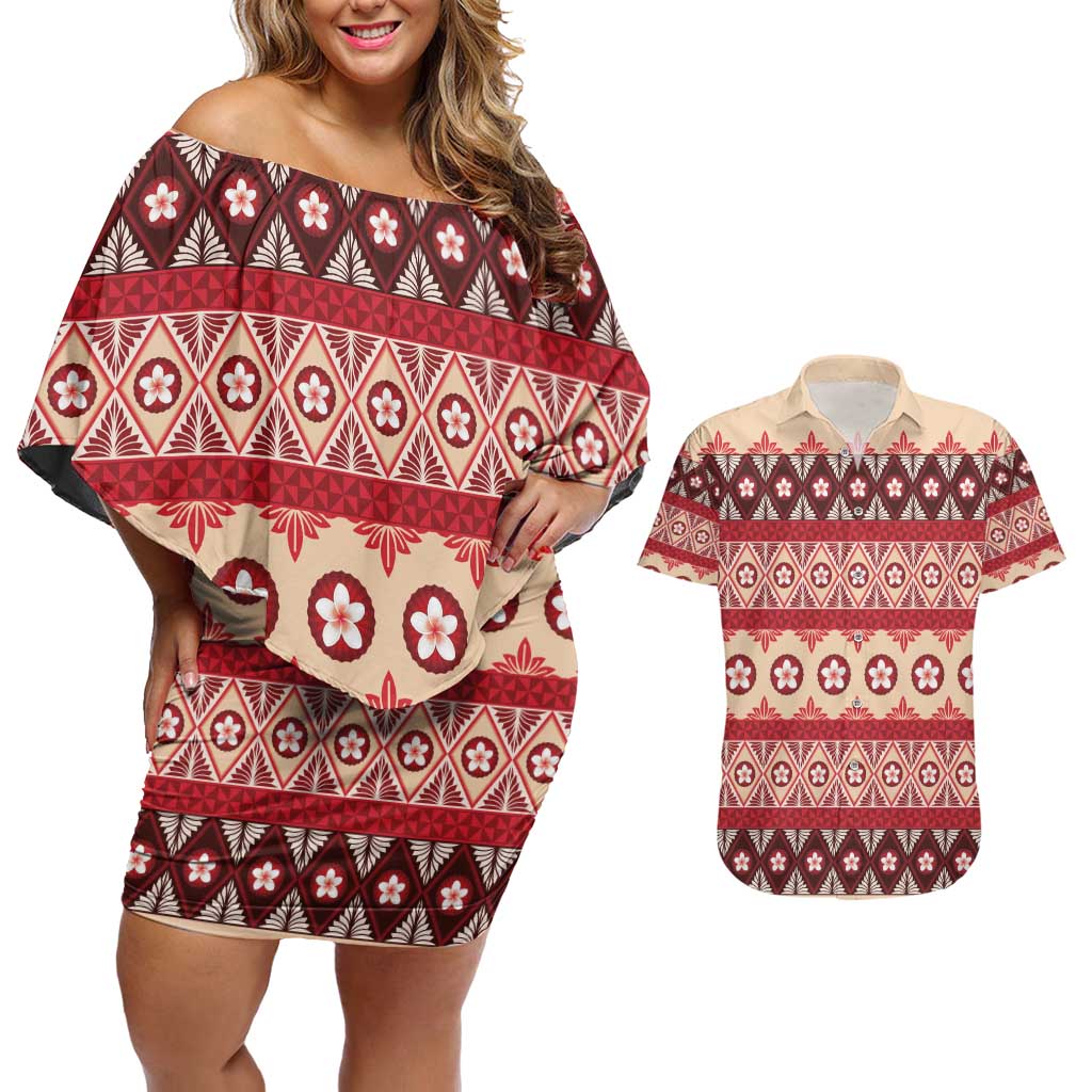 Tonga Language Week Couples Matching Off Shoulder Short Dress and Hawaiian Shirt Lea Faka-Tonga Everyday LT05 Beige - Polynesian Pride