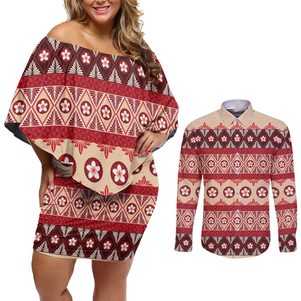 Tonga Language Week Couples Matching Off Shoulder Short Dress and Long Sleeve Button Shirt Lea Faka-Tonga Everyday LT05 Beige - Polynesian Pride