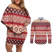 Tonga Language Week Couples Matching Off Shoulder Short Dress and Long Sleeve Button Shirt Lea Faka-Tonga Everyday LT05 Beige - Polynesian Pride