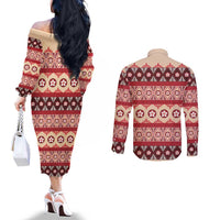 Tonga Language Week Couples Matching Off The Shoulder Long Sleeve Dress and Long Sleeve Button Shirt Lea Faka-Tonga Everyday LT05 - Polynesian Pride