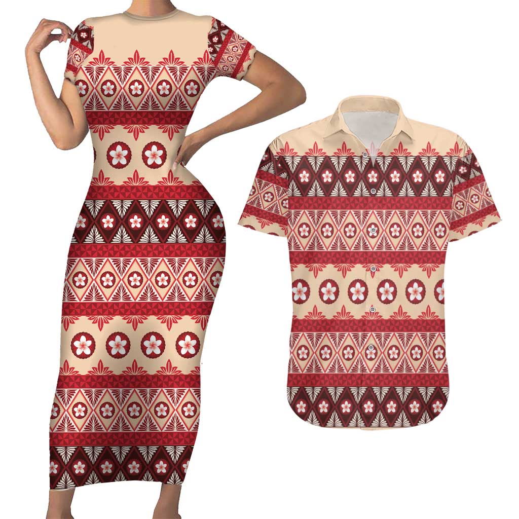 Tonga Language Week Couples Matching Short Sleeve Bodycon Dress and Hawaiian Shirt Lea Faka-Tonga Everyday LT05 Beige - Polynesian Pride