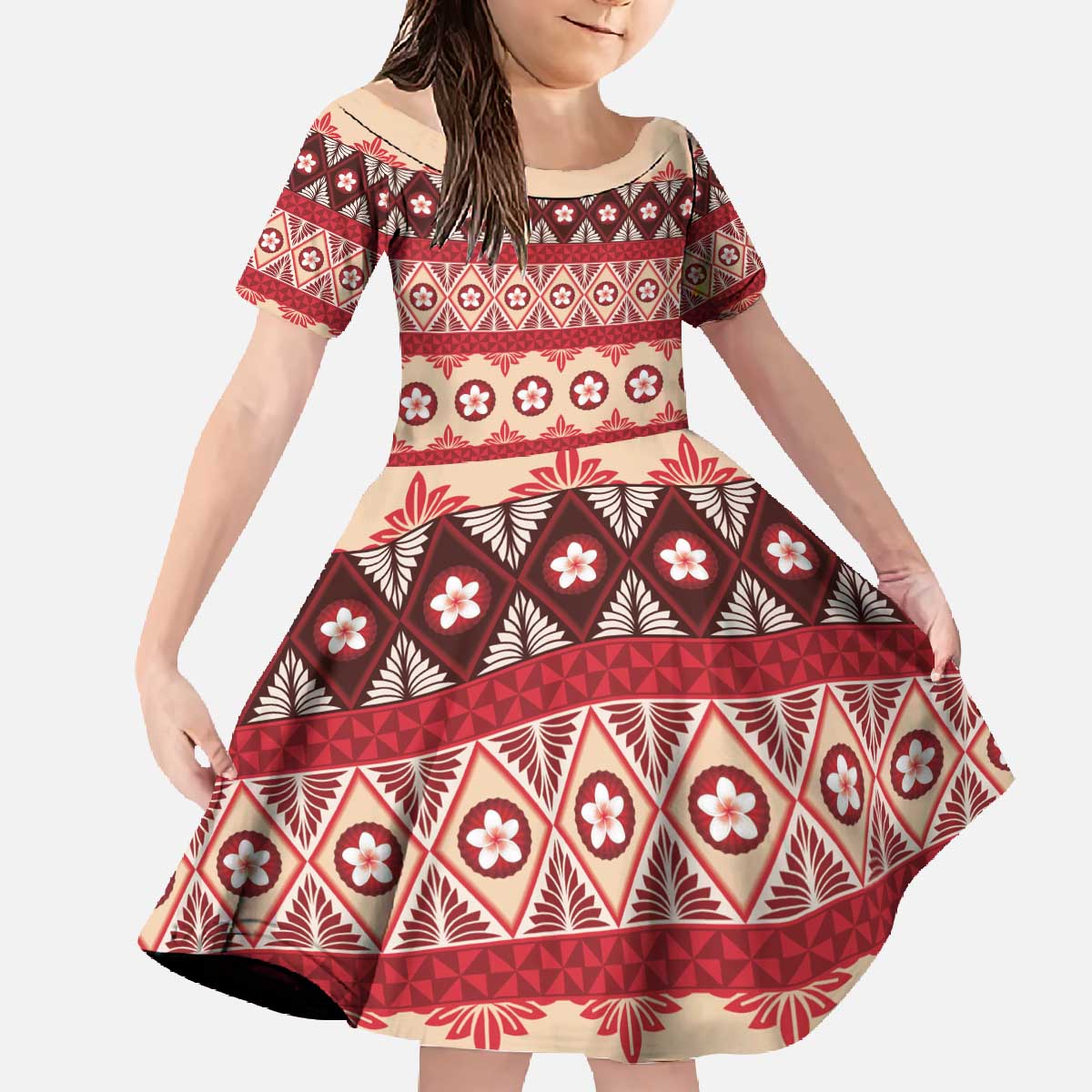 Tonga Language Week Family Matching Off The Shoulder Long Sleeve Dress and Hawaiian Shirt Lea Faka-Tonga Everyday LT05 Daughter's Dress Beige - Polynesian Pride