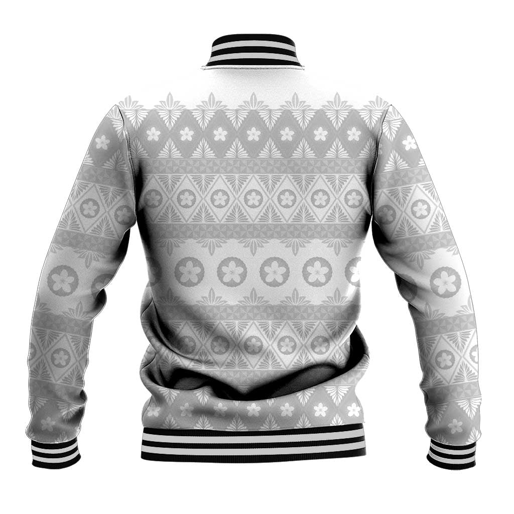 Tonga White Sunday Baseball Jacket Tongan Ngatu Siale Pattern - Polynesian Pride