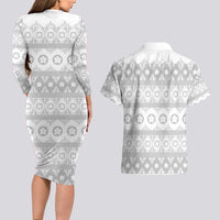 Tonga White Sunday Couples Matching Long Sleeve Bodycon Dress and Hawaiian Shirt Tongan Ngatu Siale Pattern - Polynesian Pride