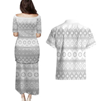 Tonga White Sunday Couples Matching Puletasi and Hawaiian Shirt Tongan Ngatu Siale Pattern - Polynesian Pride