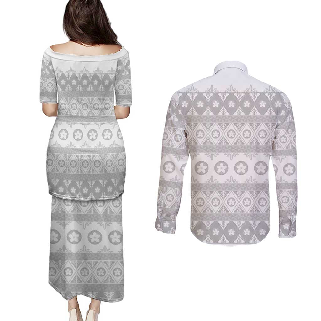 Tonga White Sunday Couples Matching Puletasi and Long Sleeve Button Shirt Tongan Ngatu Siale Pattern - Polynesian Pride