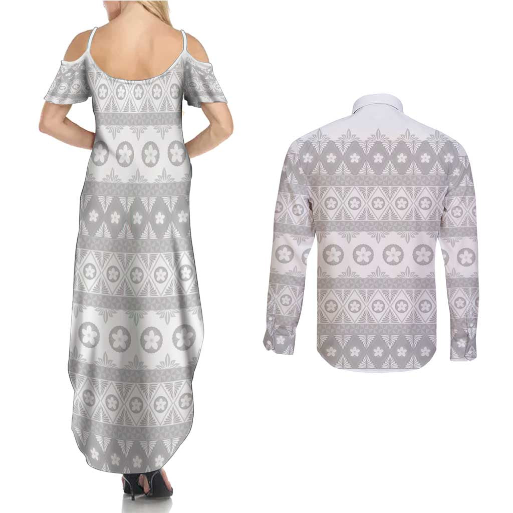 Tonga White Sunday Couples Matching Summer Maxi Dress and Long Sleeve Button Shirt Tongan Ngatu Siale Pattern - Polynesian Pride