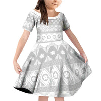 Tonga White Sunday Family Matching Off Shoulder Short Dress and Hawaiian Shirt Tongan Ngatu Siale Pattern - Polynesian Pride