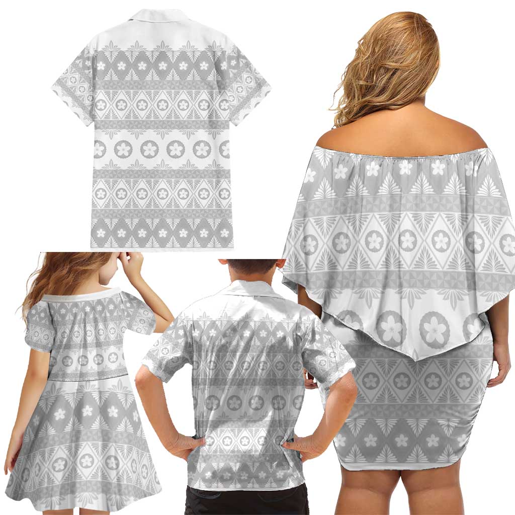 Tonga White Sunday Family Matching Off Shoulder Short Dress and Hawaiian Shirt Tongan Ngatu Siale Pattern - Polynesian Pride