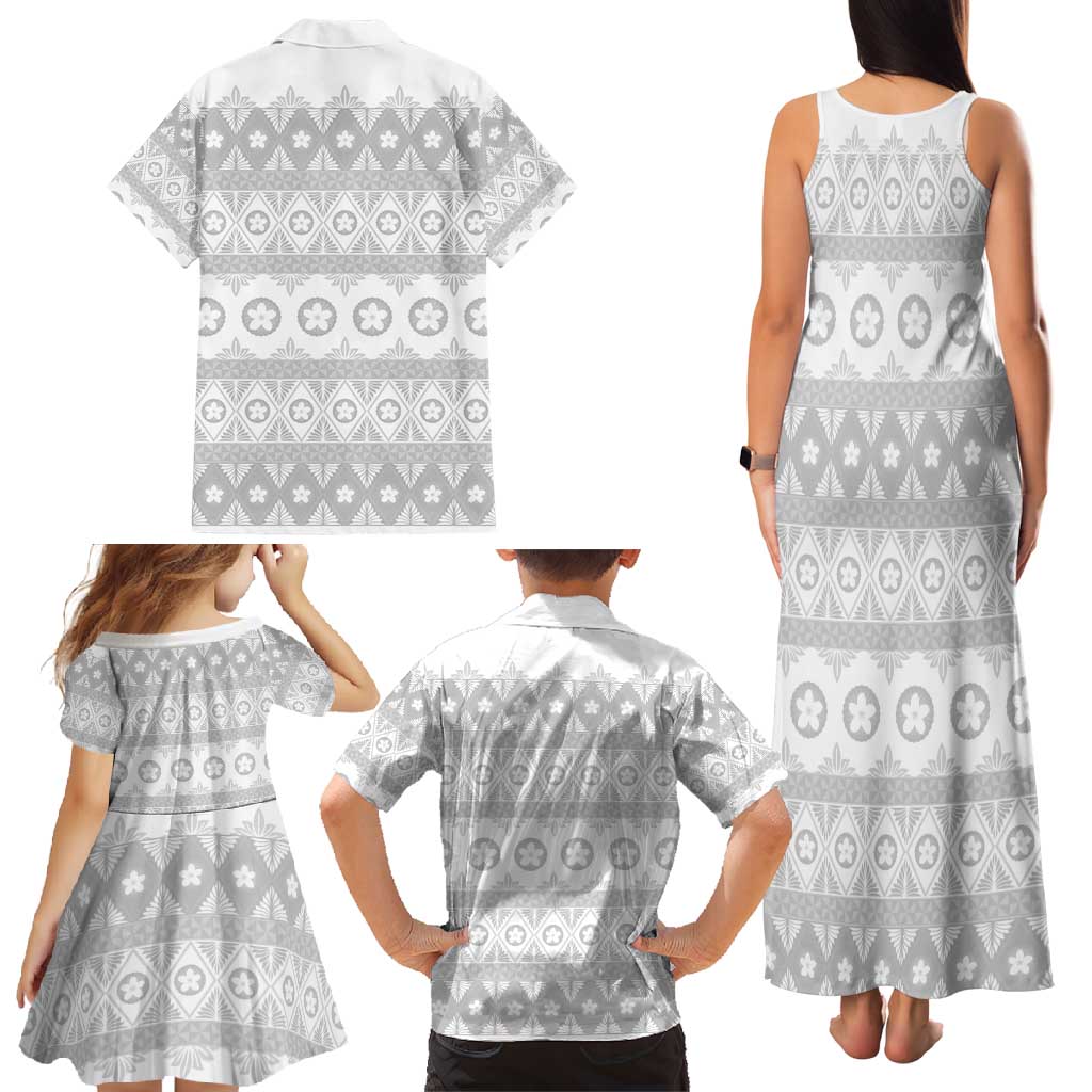 Tonga White Sunday Family Matching Tank Maxi Dress and Hawaiian Shirt Tongan Ngatu Siale Pattern - Polynesian Pride