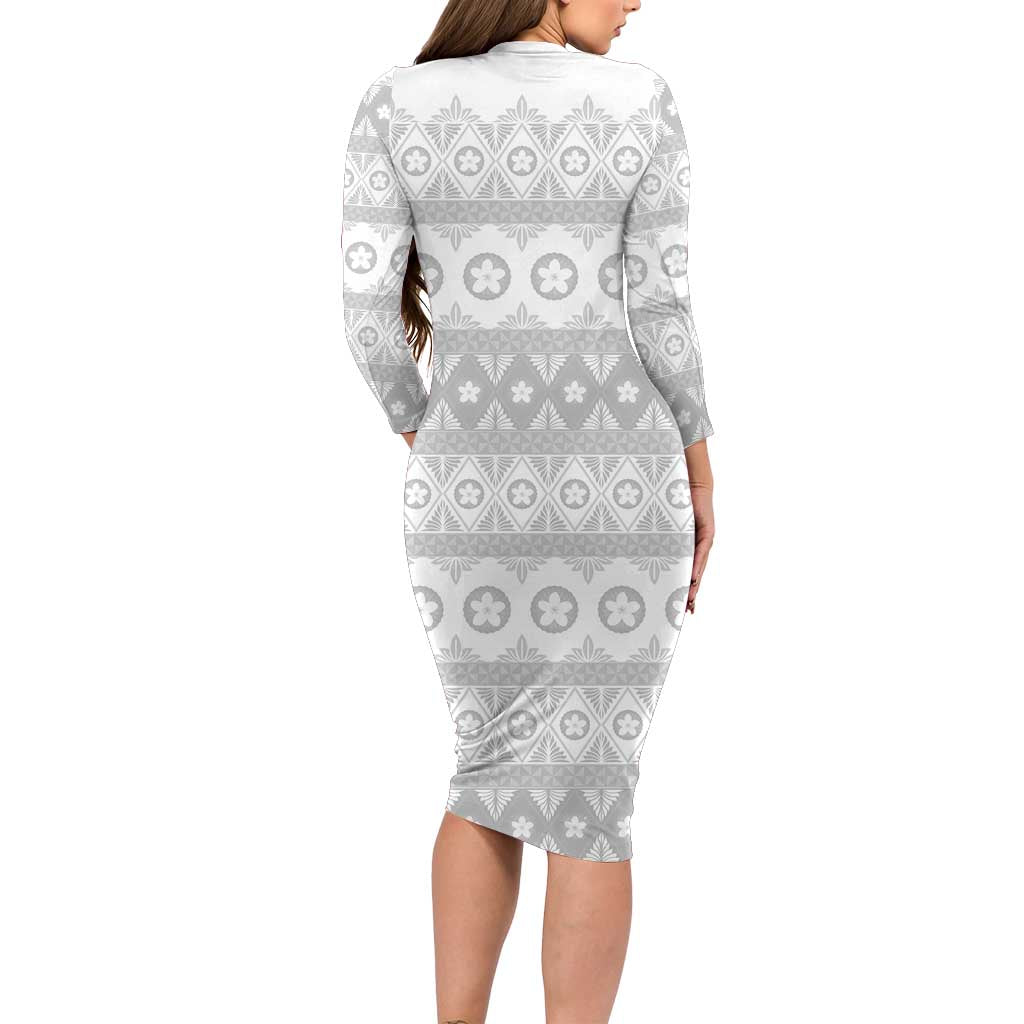 Tonga White Sunday Long Sleeve Bodycon Dress Tongan Ngatu Siale Pattern - Polynesian Pride