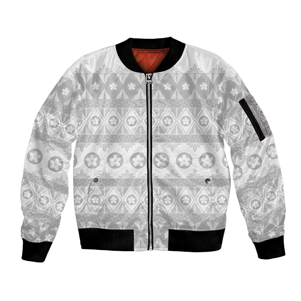 Tonga White Sunday Sleeve Zip Bomber Jacket Tongan Ngatu Siale Pattern - Polynesian Pride