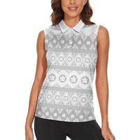 Tonga White Sunday Women Sleeveless Polo Shirt Tongan Ngatu Siale Pattern - Polynesian Pride