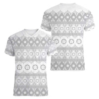 Tonga White Sunday Women V-Neck T-Shirt Tongan Ngatu Siale Pattern - Polynesian Pride