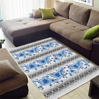 Samoa White Sunday Area Rug Samoan Tapa Blue Hibiscus - Polynesian Pride