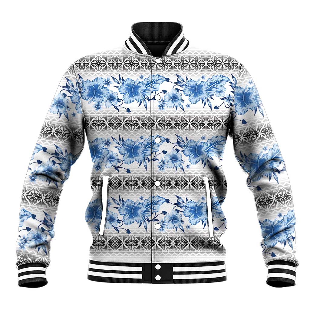 Samoa White Sunday Baseball Jacket Samoan Tapa Blue Hibiscus LT05 Unisex Blue - Polynesian Pride