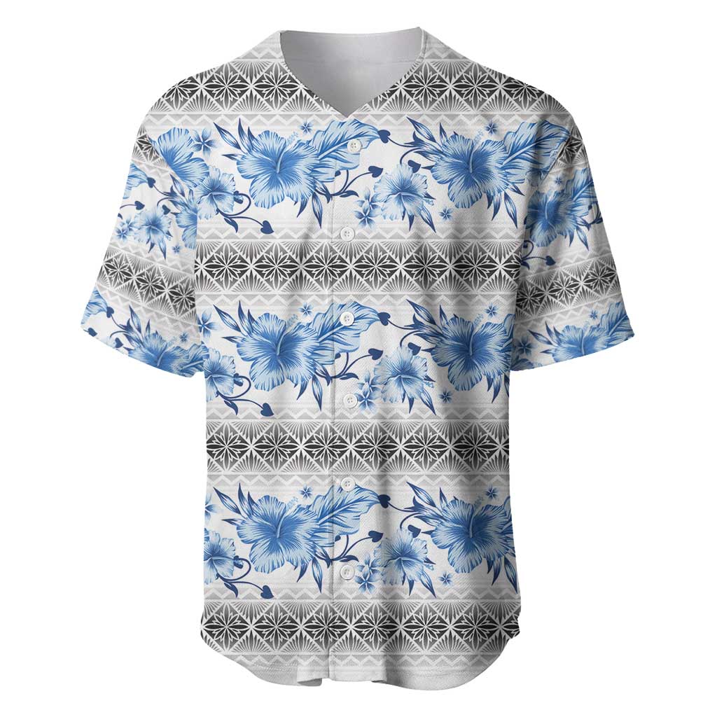 Samoa White Sunday Baseball Jersey Samoan Tapa Blue Hibiscus - Polynesian Pride