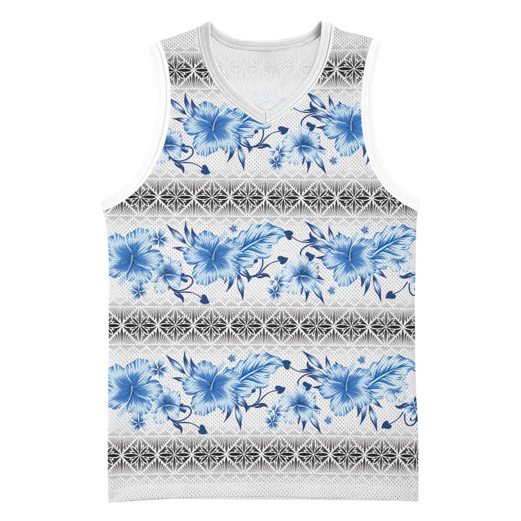 Samoa White Sunday Basketball Jersey Samoan Tapa Blue Hibiscus - Polynesian Pride
