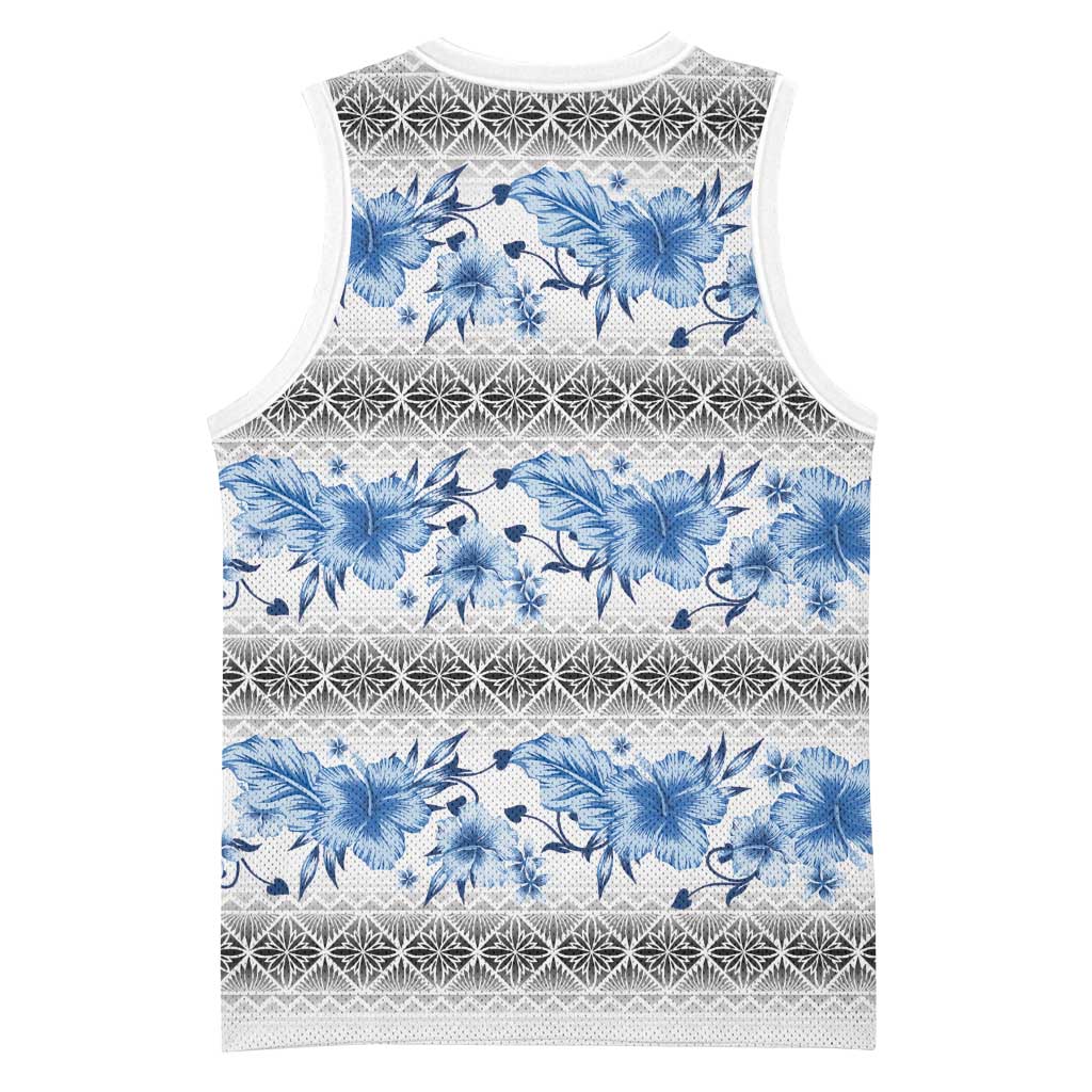 Samoa White Sunday Basketball Jersey Samoan Tapa Blue Hibiscus - Polynesian Pride