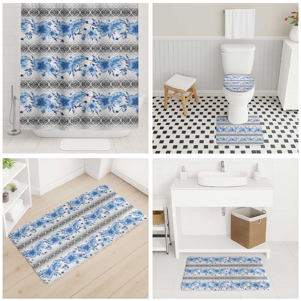 Samoa White Sunday Bathroom Set Samoan Tapa Blue Hibiscus - Polynesian Pride