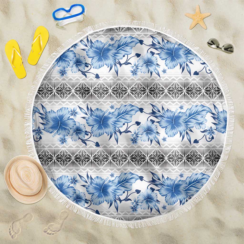 Samoa White Sunday Beach Blanket Samoan Tapa Blue Hibiscus LT05 One Size 150cm Blue - Polynesian Pride