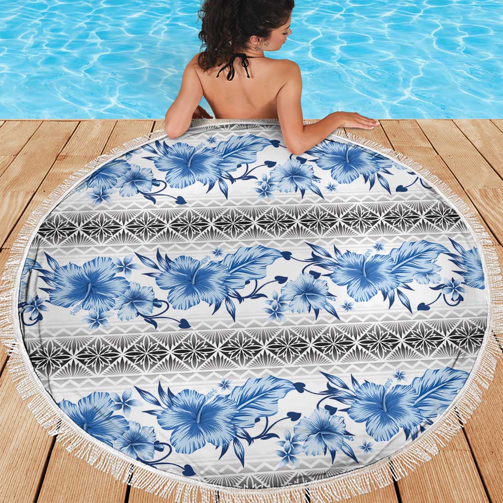 Samoa White Sunday Beach Blanket Samoan Tapa Blue Hibiscus LT05 - Polynesian Pride