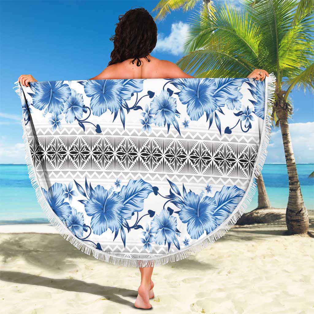Samoa White Sunday Beach Blanket Samoan Tapa Blue Hibiscus LT05 - Polynesian Pride