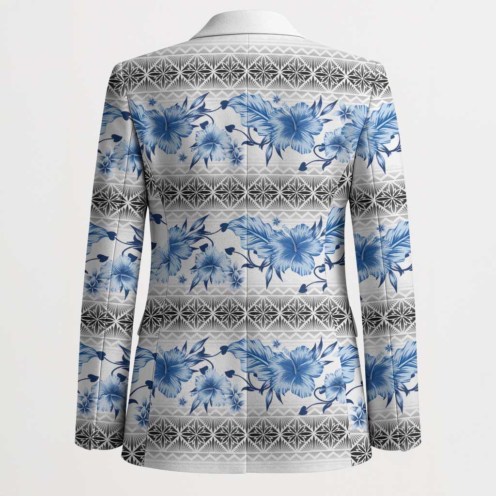 Samoa White Sunday Blazer Samoan Tapa Blue Hibiscus - Polynesian Pride
