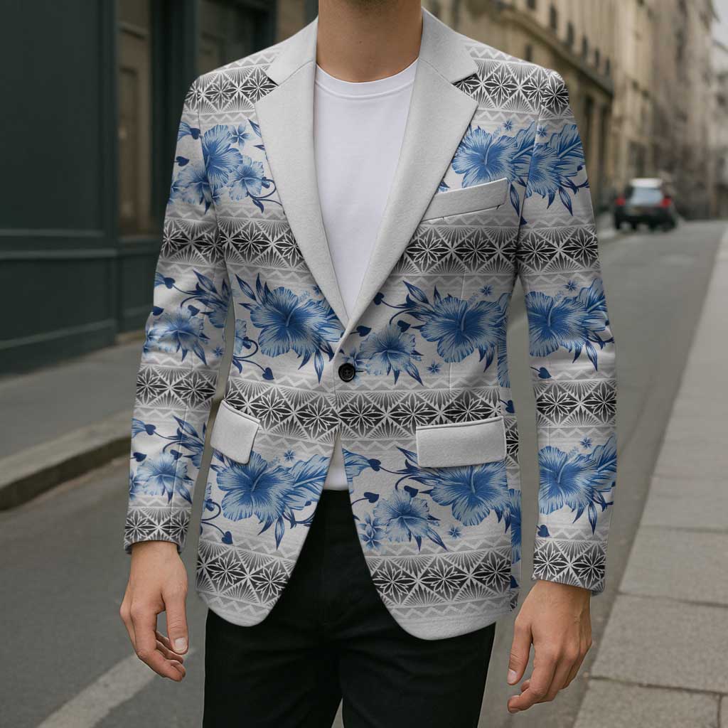 Samoa White Sunday Blazer Samoan Tapa Blue Hibiscus - Polynesian Pride