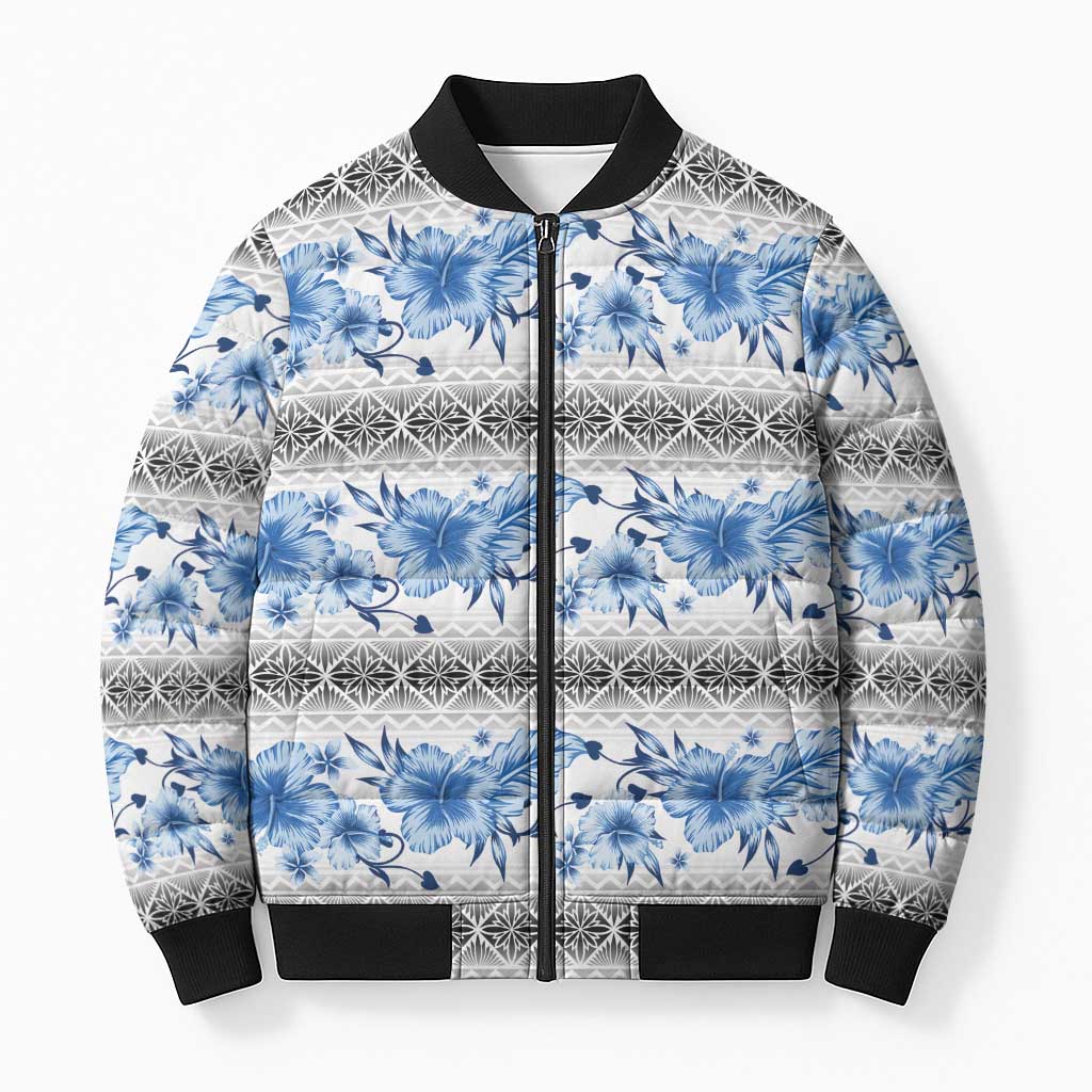 Samoa White Sunday Bomber Puffer Jacket Samoan Tapa Blue Hibiscus LT05 Unisex Blue - Polynesian Pride
