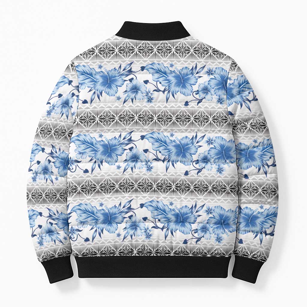 Samoa White Sunday Bomber Puffer Jacket Samoan Tapa Blue Hibiscus LT05 - Polynesian Pride