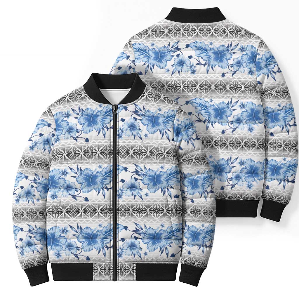 Samoa White Sunday Bomber Puffer Jacket Samoan Tapa Blue Hibiscus LT05 - Polynesian Pride