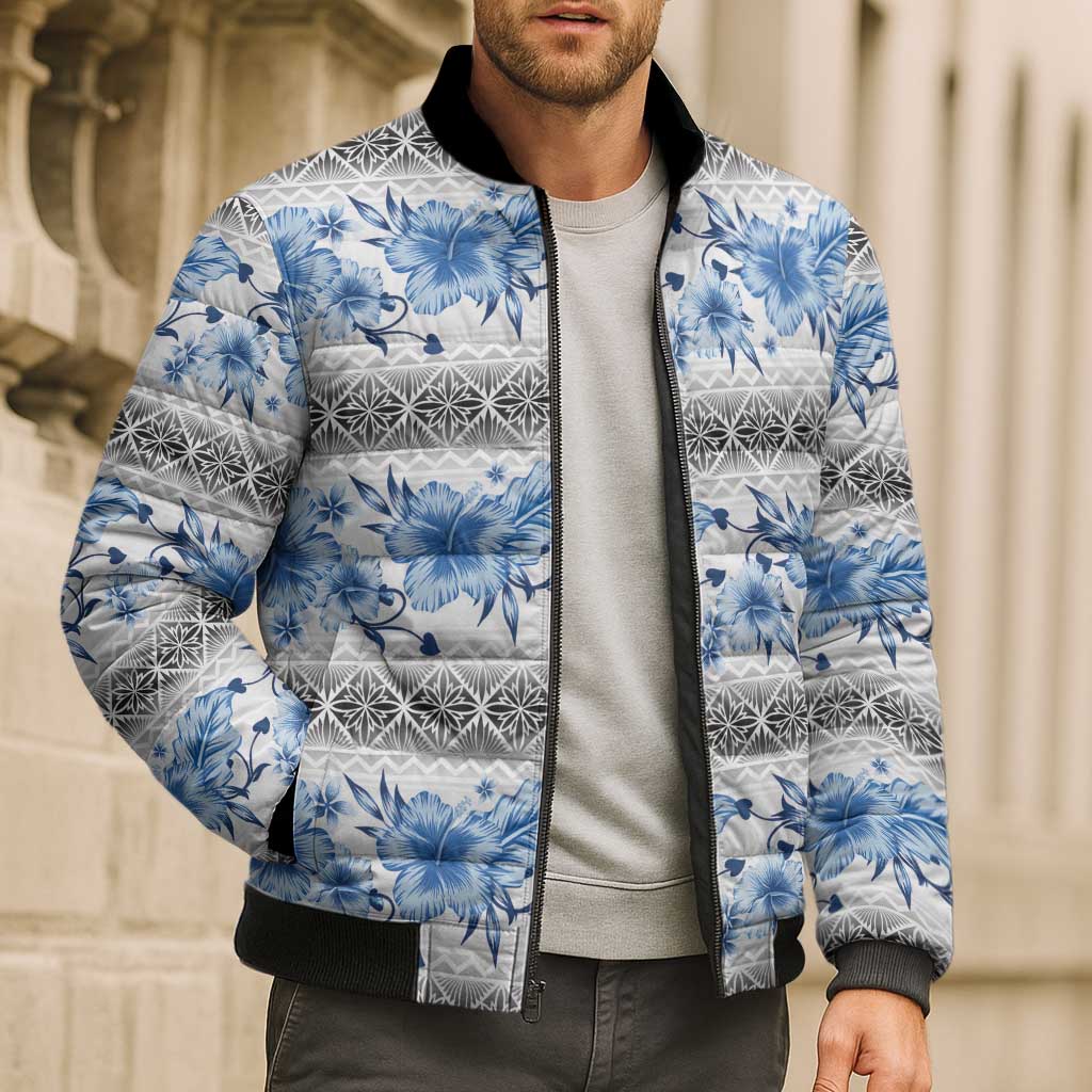 Samoa White Sunday Bomber Puffer Jacket Samoan Tapa Blue Hibiscus LT05 - Polynesian Pride
