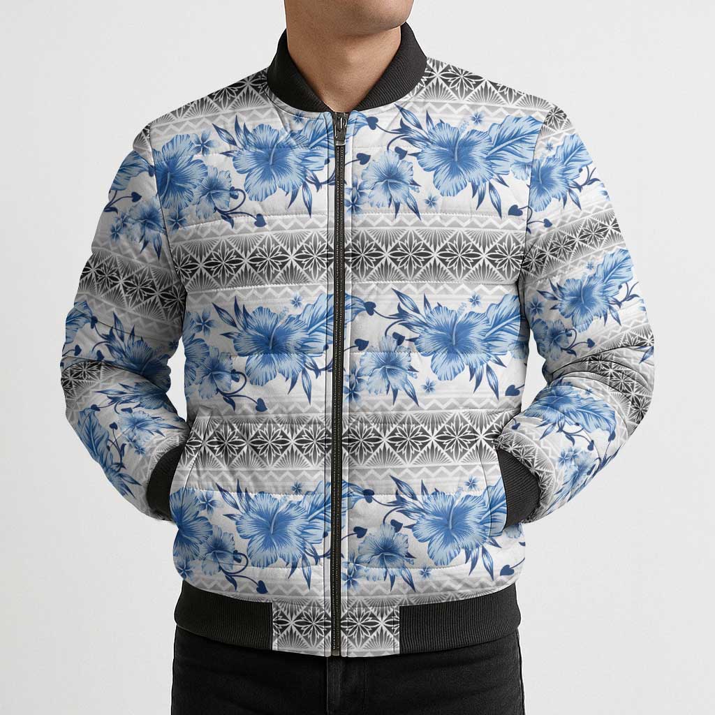Samoa White Sunday Bomber Puffer Jacket Samoan Tapa Blue Hibiscus LT05 - Polynesian Pride