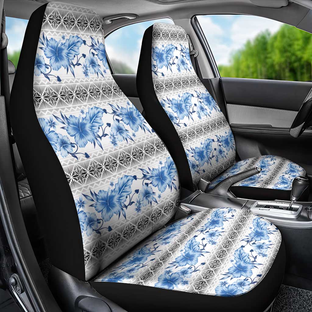 Samoa White Sunday Car Seat Cover Samoan Tapa Blue Hibiscus - Polynesian Pride