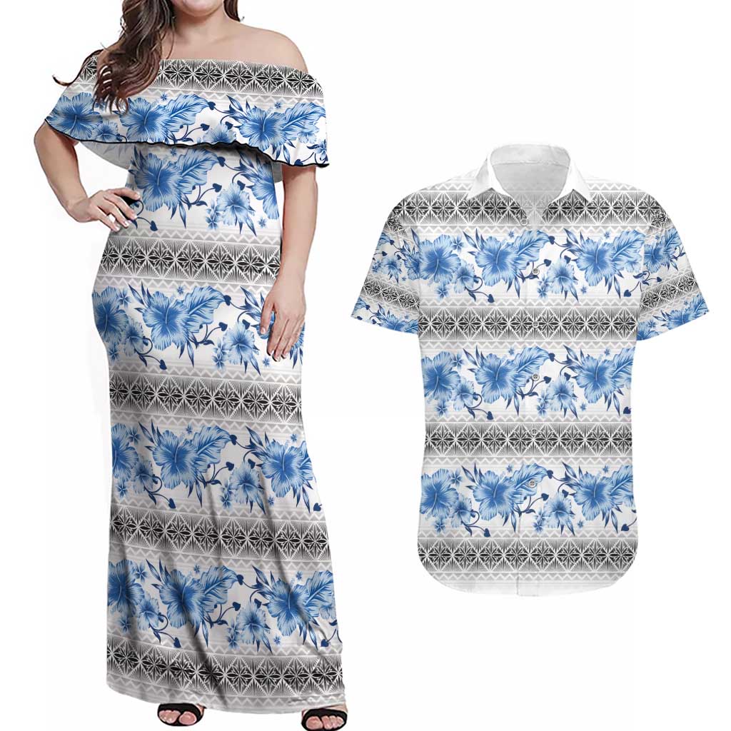 Samoa White Sunday Couples Matching Off Shoulder Maxi Dress and Hawaiian Shirt Samoan Tapa Blue Hibiscus - Polynesian Pride