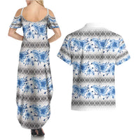 Samoa White Sunday Couples Matching Summer Maxi Dress and Hawaiian Shirt Samoan Tapa Blue Hibiscus - Polynesian Pride
