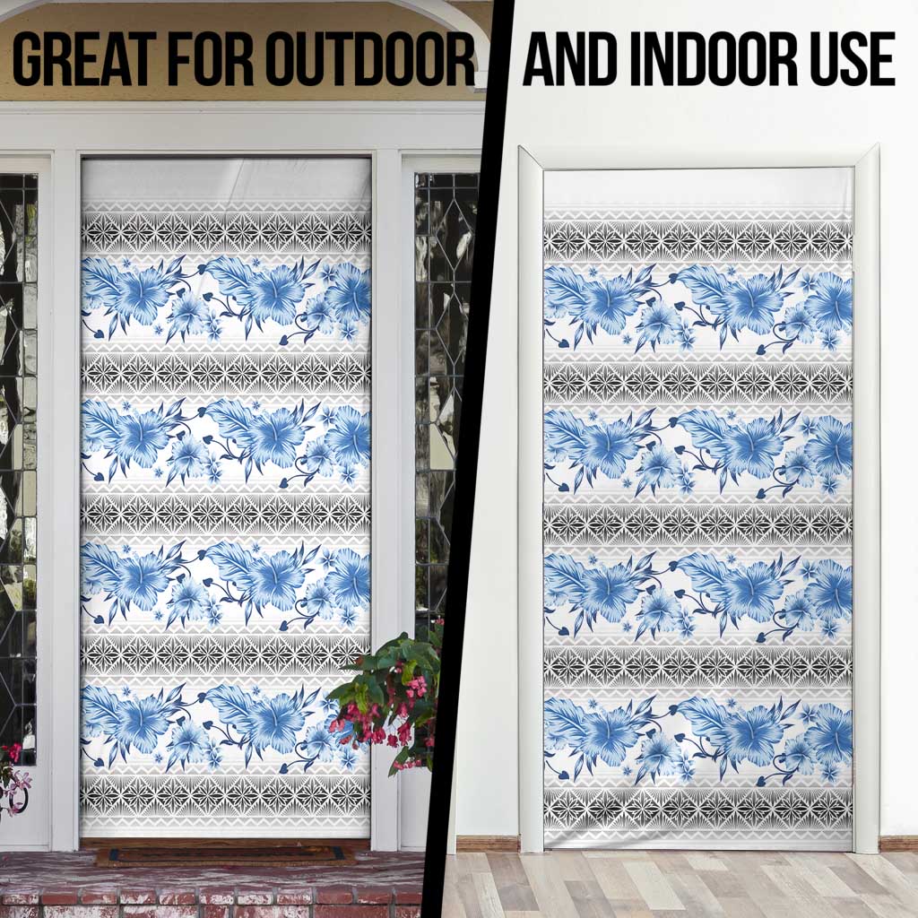 Samoa White Sunday Door Cover Samoan Tapa Blue Hibiscus - Polynesian Pride