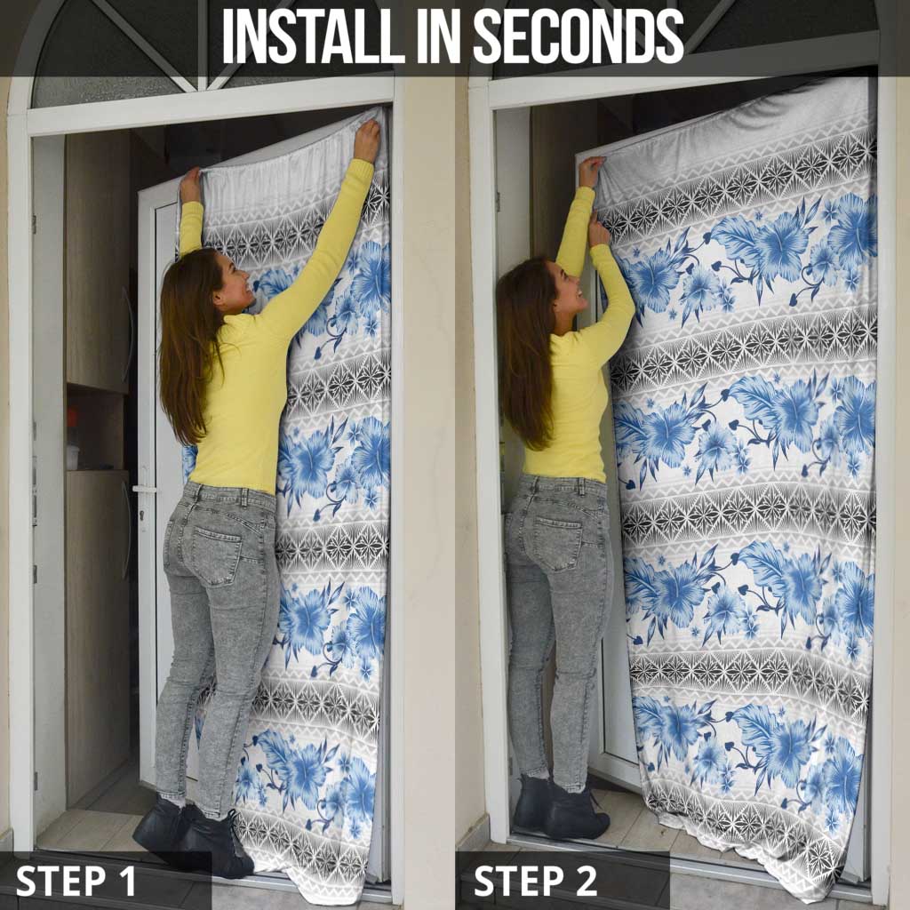 Samoa White Sunday Door Cover Samoan Tapa Blue Hibiscus - Polynesian Pride