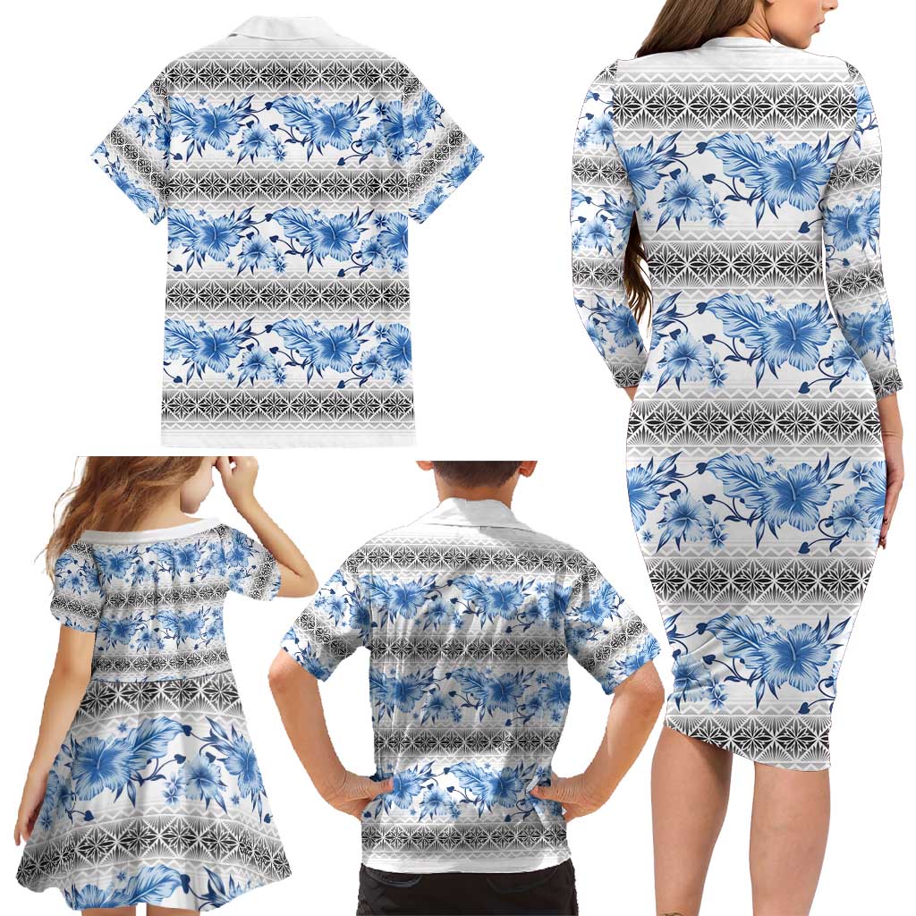 Samoa White Sunday Family Matching Long Sleeve Bodycon Dress and Hawaiian Shirt Samoan Tapa Blue Hibiscus - Polynesian Pride