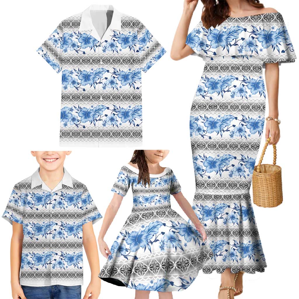 Samoa White Sunday Family Matching Mermaid Dress and Hawaiian Shirt Samoan Tapa Blue Hibiscus - Polynesian Pride