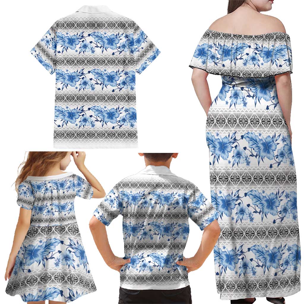 Samoa White Sunday Family Matching Off Shoulder Maxi Dress and Hawaiian Shirt Samoan Tapa Blue Hibiscus - Polynesian Pride