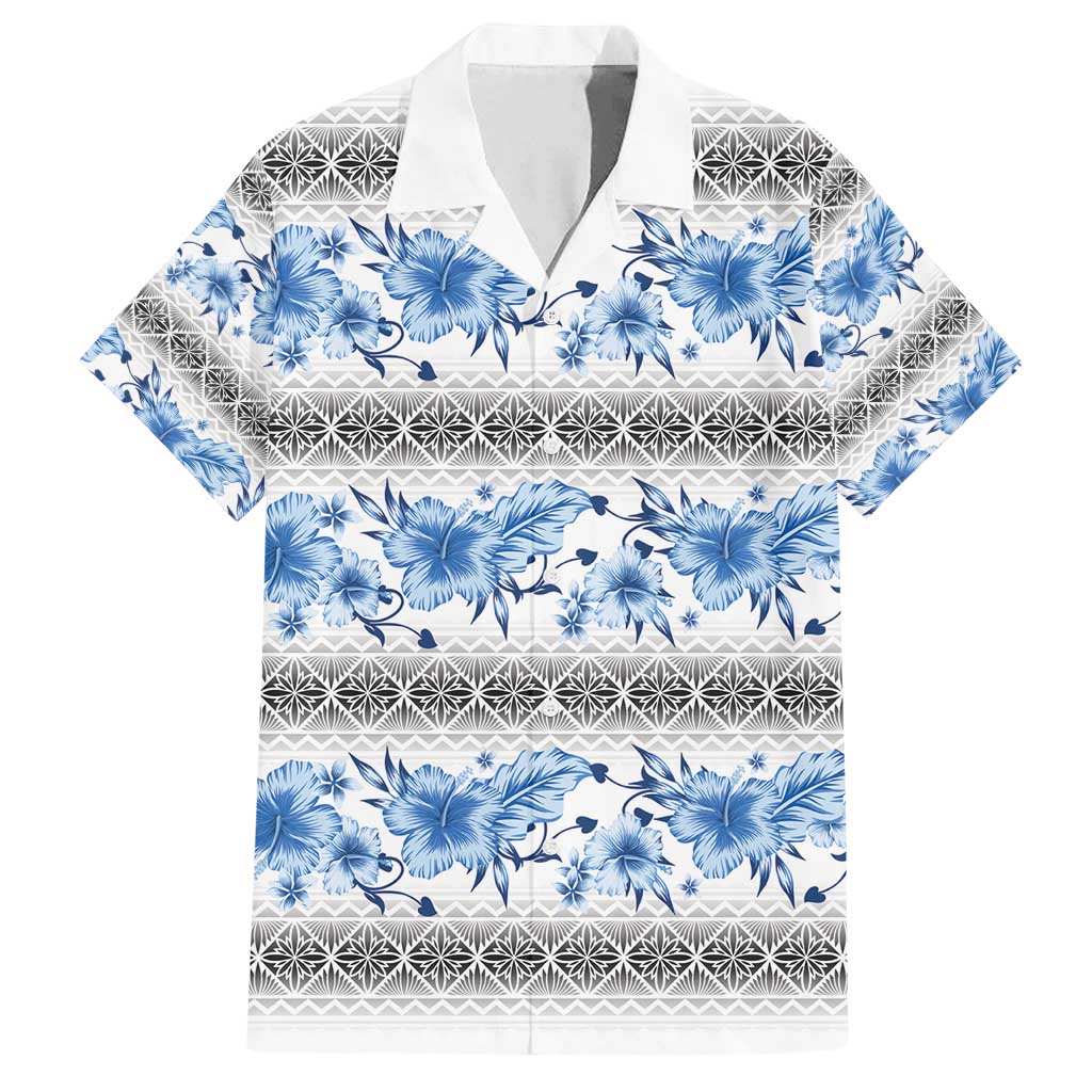 Samoa White Sunday Family Matching Off Shoulder Maxi Dress and Hawaiian Shirt Samoan Tapa Blue Hibiscus - Polynesian Pride