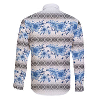 Samoa White Sunday Family Matching Off Shoulder Short Dress and Hawaiian Shirt Samoan Tapa Blue Hibiscus - Polynesian Pride