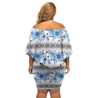Samoa White Sunday Family Matching Off Shoulder Short Dress and Hawaiian Shirt Samoan Tapa Blue Hibiscus - Polynesian Pride