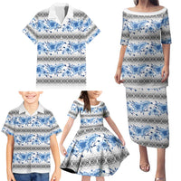 Samoa White Sunday Family Matching Puletasi and Hawaiian Shirt Samoan Tapa Blue Hibiscus - Polynesian Pride