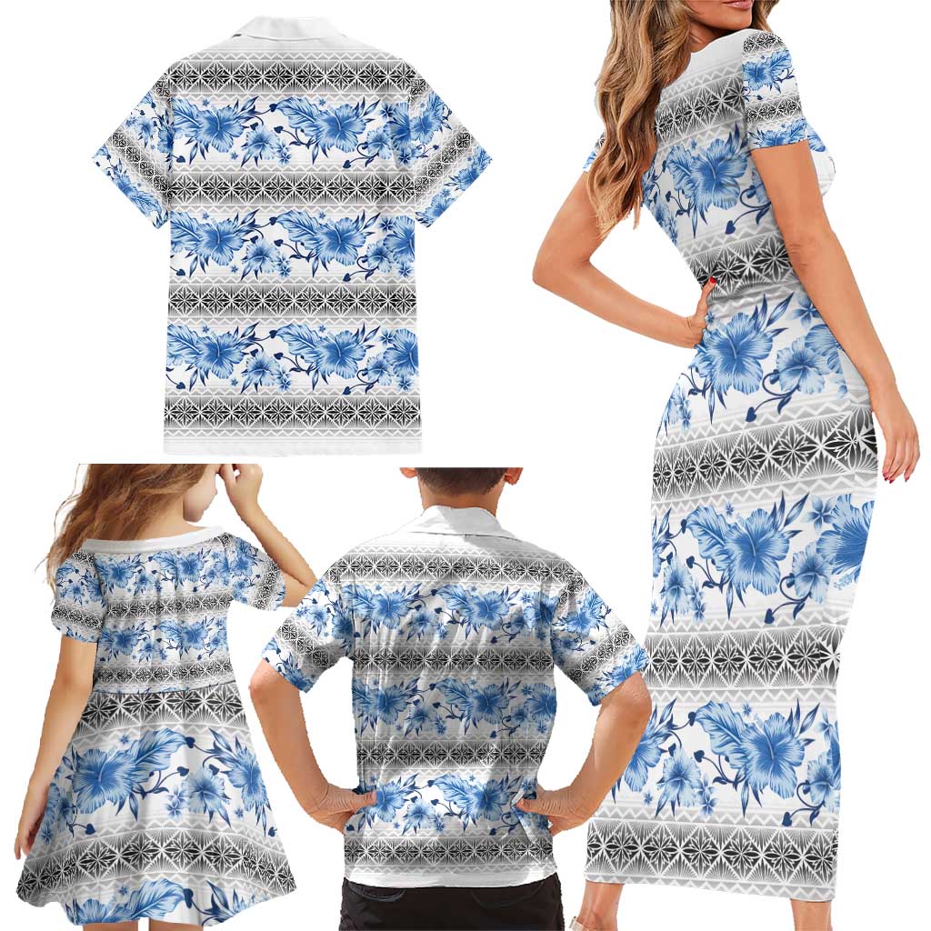 Samoa White Sunday Family Matching Short Sleeve Bodycon Dress and Hawaiian Shirt Samoan Tapa Blue Hibiscus - Polynesian Pride