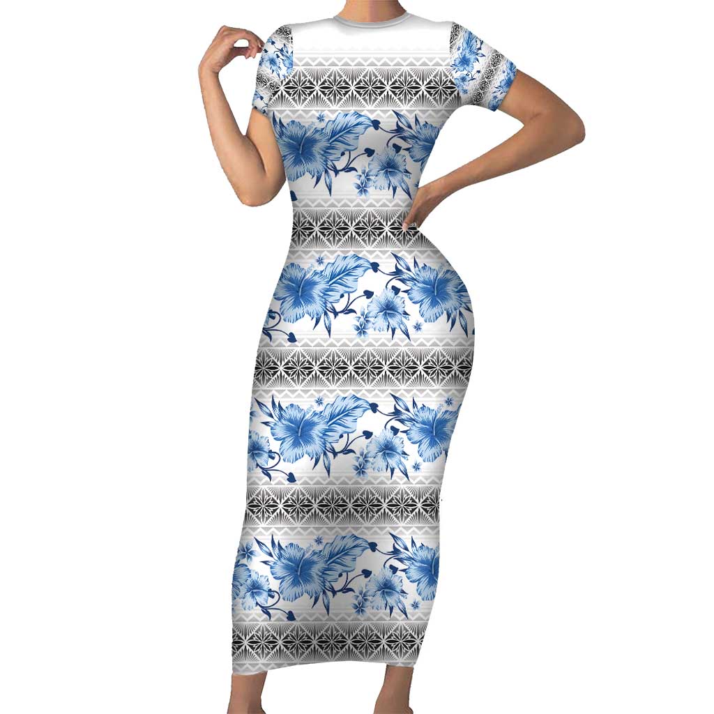 Samoa White Sunday Family Matching Short Sleeve Bodycon Dress and Hawaiian Shirt Samoan Tapa Blue Hibiscus - Polynesian Pride