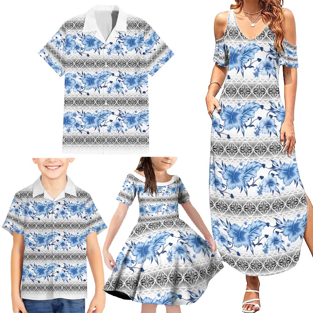 Samoa White Sunday Family Matching Summer Maxi Dress and Hawaiian Shirt Samoan Tapa Blue Hibiscus - Polynesian Pride
