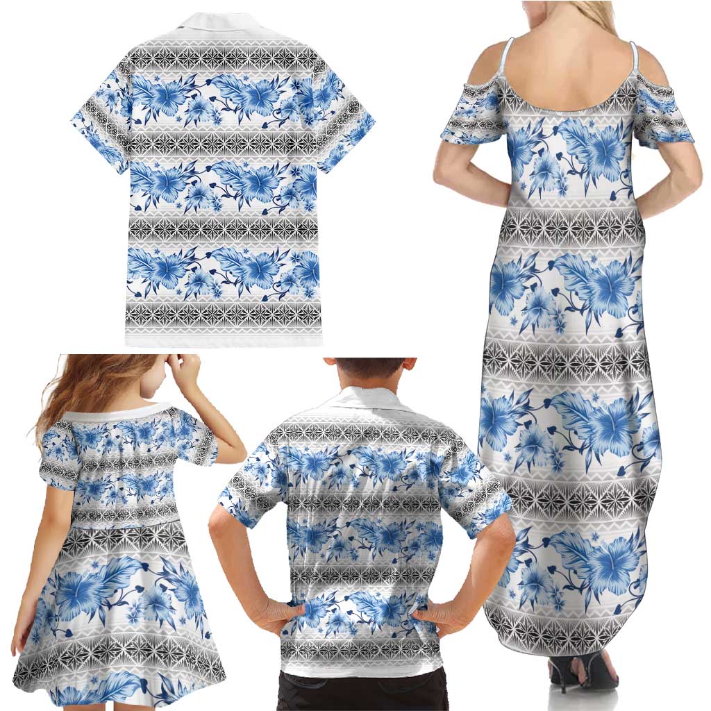 Samoa White Sunday Family Matching Summer Maxi Dress and Hawaiian Shirt Samoan Tapa Blue Hibiscus - Polynesian Pride